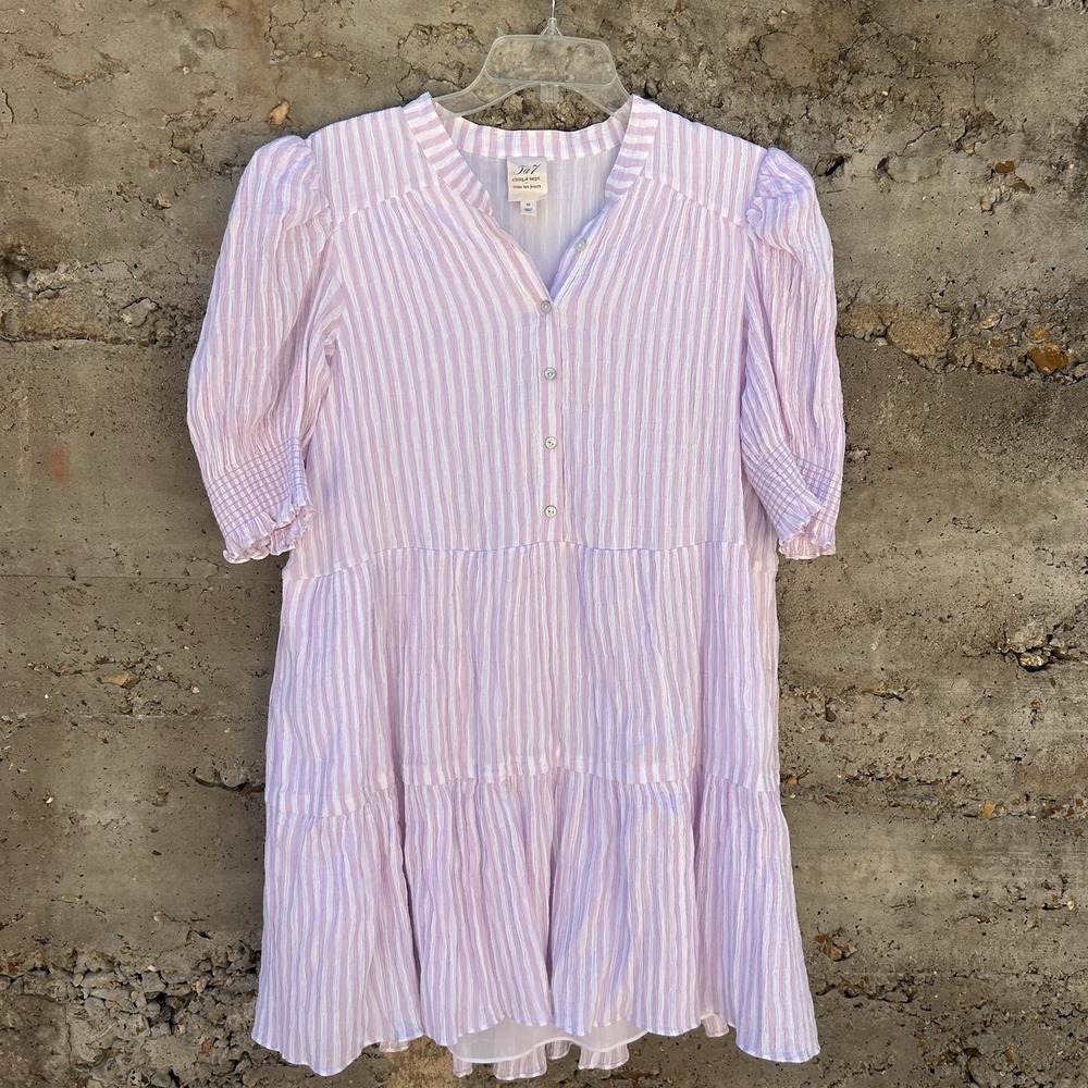 CINQ A SEPT 5a7 $425 Seer Sucker Tiered Ruffle Mini Swing Dress Babydoll Size 10